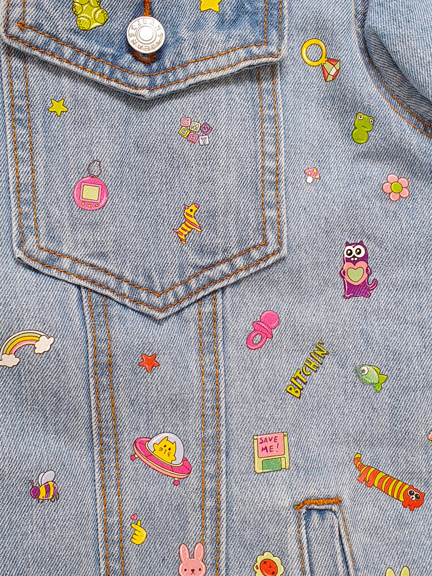🌈 STICKERS Denim Jacket — DDWP × Cosmos Baby Capsule